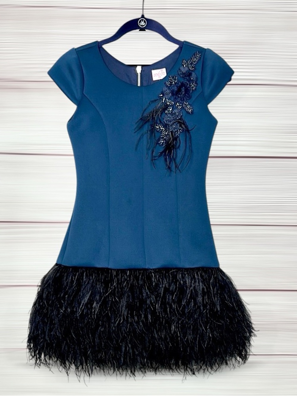 Zoe Ltd Girls Size 14 Blue Mini Dress Ostrich Feather Hem 3D Floral Beaded Party